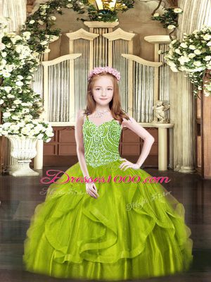 Adorable Olive Green Ball Gowns Spaghetti Straps Sleeveless Tulle Floor Length Lace Up Beading and Ruffles Child Pageant Dress