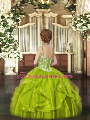 Adorable Olive Green Ball Gowns Spaghetti Straps Sleeveless Tulle Floor Length Lace Up Beading and Ruffles Child Pageant Dress