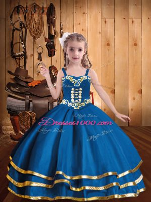 Blue Sleeveless Floor Length Embroidery and Ruffled Layers Lace Up Little Girls Pageant Dress