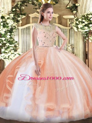 Bateau Sleeveless Ball Gown Prom Dress Floor Length Beading and Ruffles Peach Tulle