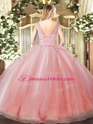 Bateau Sleeveless Ball Gown Prom Dress Floor Length Beading and Ruffles Peach Tulle