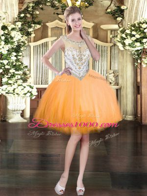 Mini Length Orange Prom Evening Gown Tulle Sleeveless Beading