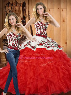 Artistic Red Sleeveless Embroidery and Ruffles Floor Length Sweet 16 Dress
