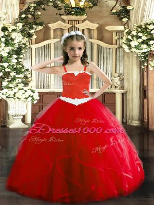 Sleeveless Floor Length Appliques and Ruffles Lace Up Little Girl Pageant Dress with Red