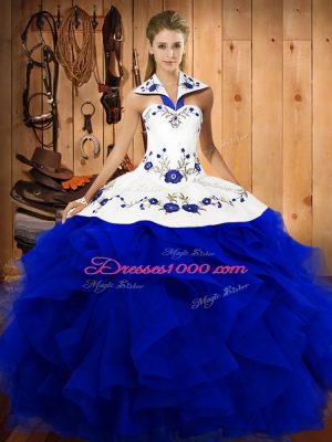Low Price Floor Length Royal Blue Quinceanera Dresses Halter Top Sleeveless Lace Up