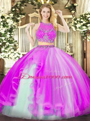 Artistic Ball Gowns Sweet 16 Quinceanera Dress Fuchsia Scoop Organza Sleeveless Floor Length Zipper