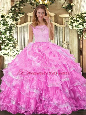 Most Popular Scoop Sleeveless Sweet 16 Dresses Floor Length Lace and Ruffled Layers Rose Pink Organza