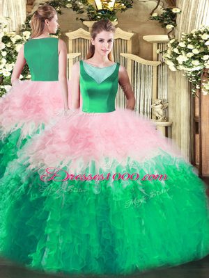 Discount Multi-color Tulle Side Zipper Quinceanera Gown Sleeveless Floor Length Beading and Ruffles