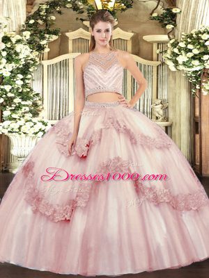 Wonderful Floor Length Baby Pink Sweet 16 Quinceanera Dress Scoop Sleeveless Zipper