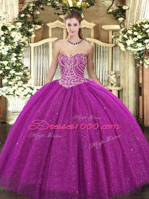 Dynamic Fuchsia Sleeveless Floor Length Beading Lace Up Sweet 16 Dress