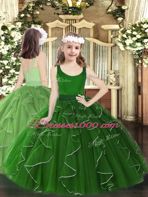 Luxurious Dark Green Ball Gowns Organza Scoop Sleeveless Beading and Ruffles Floor Length Zipper Pageant Dress for Teens