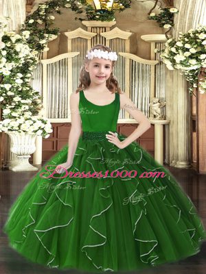 Luxurious Dark Green Ball Gowns Organza Scoop Sleeveless Beading and Ruffles Floor Length Zipper Pageant Dress for Teens