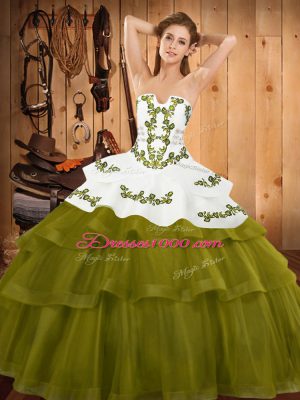 Olive Green Strapless Neckline Embroidery and Ruffled Layers Sweet 16 Quinceanera Dress Sleeveless Lace Up