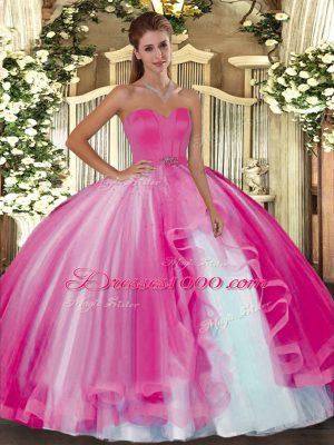 Sleeveless Floor Length Beading Lace Up 15 Quinceanera Dress with Hot Pink