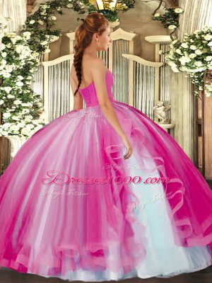 Sleeveless Floor Length Beading Lace Up 15 Quinceanera Dress with Hot Pink