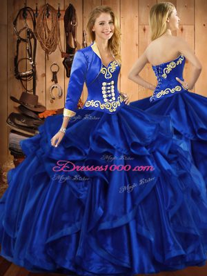 High Class Royal Blue Organza Lace Up 15 Quinceanera Dress Sleeveless Floor Length Embroidery and Ruffles