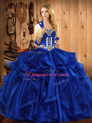 High Class Royal Blue Organza Lace Up 15 Quinceanera Dress Sleeveless Floor Length Embroidery and Ruffles