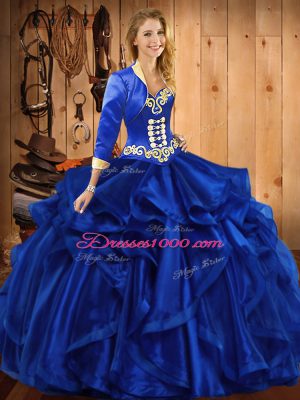 High Class Royal Blue Organza Lace Up 15 Quinceanera Dress Sleeveless Floor Length Embroidery and Ruffles