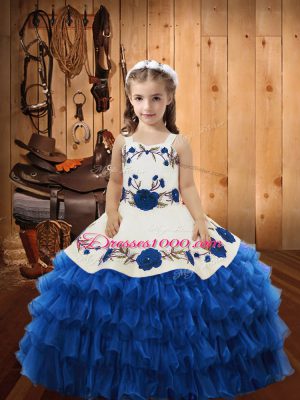 Blue Lace Up Party Dress for Girls Embroidery and Ruffles Sleeveless Floor Length
