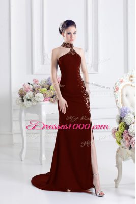 Lovely Wine Red Prom Evening Gown Halter Top Sleeveless Sweep Train Lace Up