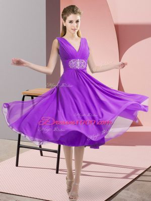 Elegant Purple Sleeveless Beading Knee Length Bridesmaids Dress