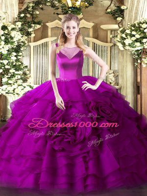 Customized Beading and Ruffled Layers Quinceanera Gown Fuchsia Side Zipper Sleeveless Floor Length