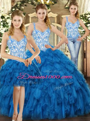 Noble Sleeveless Floor Length Beading and Ruffles Lace Up Vestidos de Quinceanera with Blue