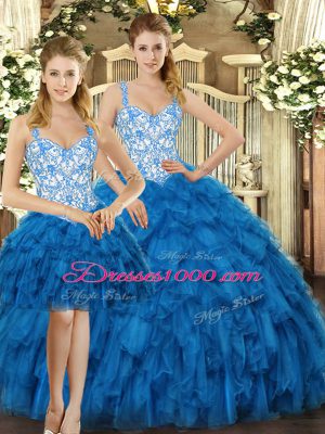 Noble Sleeveless Floor Length Beading and Ruffles Lace Up Vestidos de Quinceanera with Blue