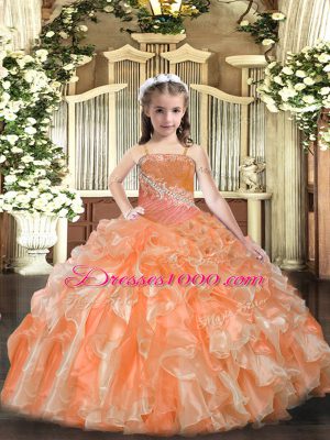 Orange Ball Gowns Organza Straps Sleeveless Beading and Sequins Floor Length Lace Up Little Girl Pageant Gowns