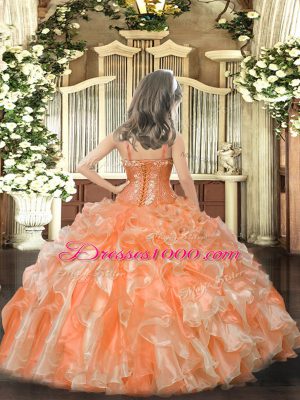 Orange Ball Gowns Organza Straps Sleeveless Beading and Sequins Floor Length Lace Up Little Girl Pageant Gowns
