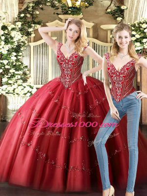 Sleeveless Tulle Floor Length Lace Up Quinceanera Gowns in Wine Red with Beading
