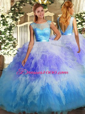 Tulle Scoop Sleeveless Backless Beading and Ruffles 15th Birthday Dress in Multi-color