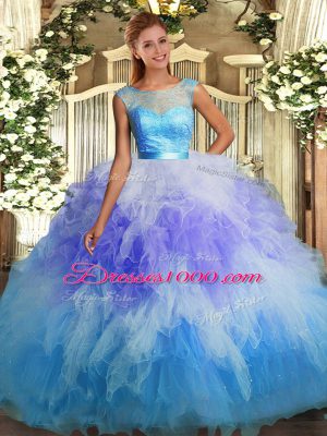 Tulle Scoop Sleeveless Backless Beading and Ruffles 15th Birthday Dress in Multi-color