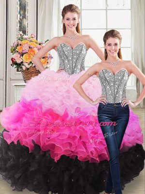 Sleeveless Floor Length Beading and Ruffles Lace Up Quinceanera Gowns with Multi-color