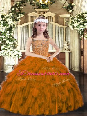 Sleeveless Floor Length Beading and Ruffles Lace Up Little Girl Pageant Dress with Brown