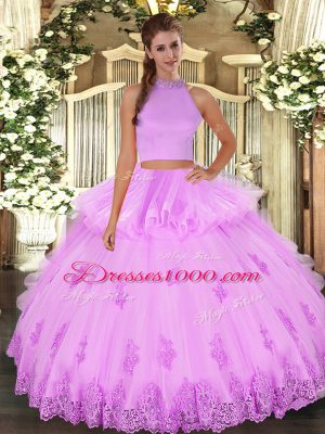 Top Selling Lilac Sleeveless Beading and Appliques and Ruffles Floor Length Quince Ball Gowns