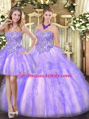 High End Lavender Sleeveless Floor Length Appliques and Ruffles Zipper Sweet 16 Quinceanera Dress