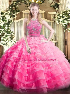 Comfortable Halter Top Sleeveless Zipper Quinceanera Gown Rose Pink Organza