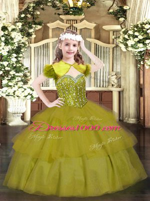 Sweet Straps Sleeveless Kids Pageant Dress Floor Length Beading and Ruffled Layers Olive Green Organza