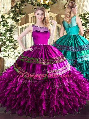Beauteous Fuchsia Organza and Taffeta Zipper Scoop Sleeveless Floor Length Ball Gown Prom Dress Beading and Ruffles