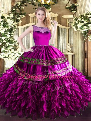 Beauteous Fuchsia Organza and Taffeta Zipper Scoop Sleeveless Floor Length Ball Gown Prom Dress Beading and Ruffles