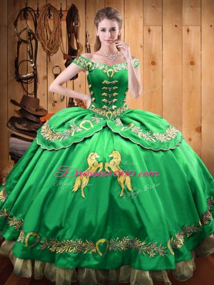 Low Price Green Satin and Organza Lace Up Off The Shoulder Sleeveless Floor Length Quinceanera Gown Beading and Embroidery