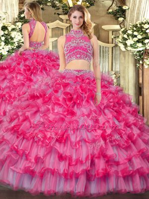 Sweet Sleeveless Backless Floor Length Beading and Ruffled Layers Quince Ball Gowns