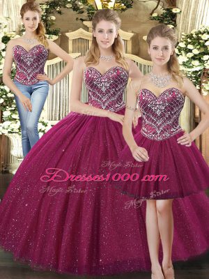 Low Price Beading 15th Birthday Dress Fuchsia Lace Up Sleeveless Floor Length