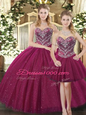 Low Price Beading 15th Birthday Dress Fuchsia Lace Up Sleeveless Floor Length