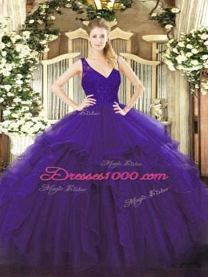 Trendy Purple Organza Backless V-neck Sleeveless Floor Length 15th Birthday Dress Beading and Lace and Ruffles