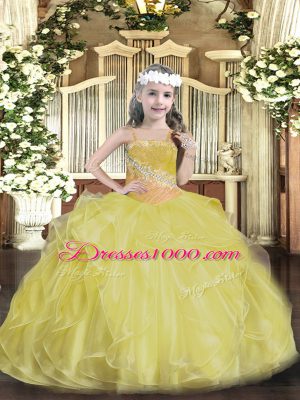 Gold Lace Up Straps Beading and Ruffles Kids Formal Wear Organza Sleeveless