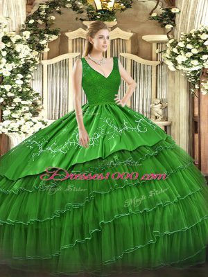 Enchanting Green Ball Gowns Organza and Taffeta V-neck Sleeveless Beading and Lace and Embroidery and Ruffled Layers Floor Length Backless Sweet 16 Dress