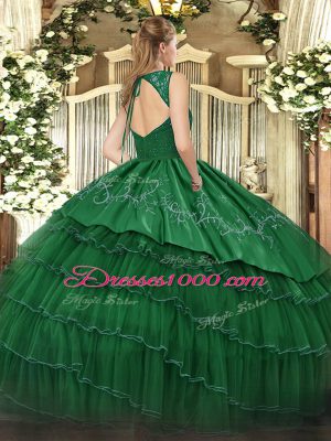 Enchanting Green Ball Gowns Organza and Taffeta V-neck Sleeveless Beading and Lace and Embroidery and Ruffled Layers Floor Length Backless Sweet 16 Dress