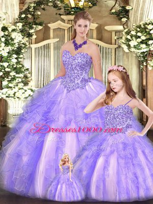 High Class Organza Sweetheart Sleeveless Lace Up Beading and Ruffles Vestidos de Quinceanera in Lavender